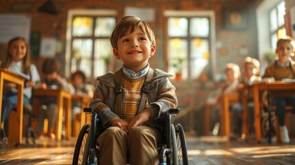 A happy handicapped child in a wheelchair in a school classroom among healthy children. An inclusive form of education