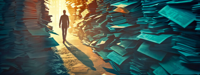 Man walking between towering stacks of paper - obrazy, fototapety, plakaty