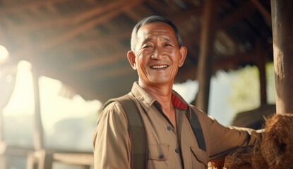 Chinese farmer smiling for the camera against the backdrop of their lush, sun-kissed paddy fields, conveying a sense of satisfaction and connection to the land with Hmong-Mien cultures - obrazy, fototapety, plakaty