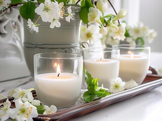 Fototapeta na wymiar Springtime home decor, spring interior decorations with flowers and burning candles, bright white apartment in daylight