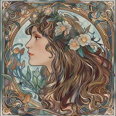 A Beautiful Woman With Long Hair, Surrounded by Flowers and Leaves in the Style of Art Nouveau