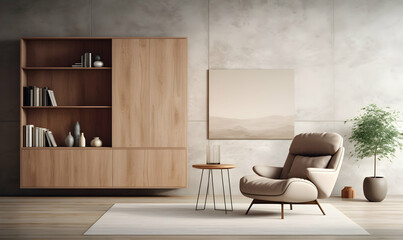 Interior of modern living room with brown armchair and bookshelf