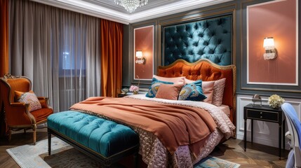 Interior of a colorful classic style bedroom Luxuriate in the Ambiance of a Modern Luxury Bedroom with Night Lights. 3d rendering beautiful luxury bedroom suite in hotel with mirror wardrobe.