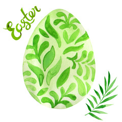Watercolor green egg with branch illustration for Easter egg hunt. Hand painted lettering.

