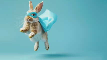 superhero rabbit  Cute with a blue cloak and mask jumping and flying on light blue background with copy space. The concept of a superhero  super rabbit  leader  funny animal studio shot