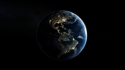 Planet Earth with city lights on the night side, showcasing the Americas against the dark void of space. - obrazy, fototapety, plakaty