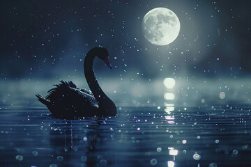 An elegant black swan glides gracefully across a tranquil moonlit lake, creating a serene and mystical ambiance.