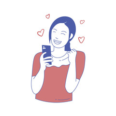 illustration of a happy woman playing on a smartphone. Expression of joy and happiness. Vector illustration in cartoon style