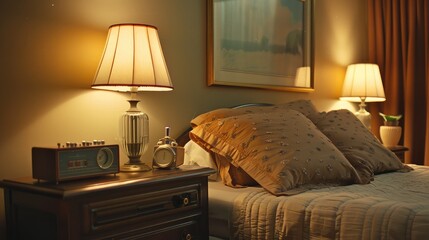 Interior of hotel bedroom with radio watch, perfume vail, and lamps on bedside tables,,pillows and blanket in bed with light from lamps in vintage bedroom at night - obrazy, fototapety, plakaty
