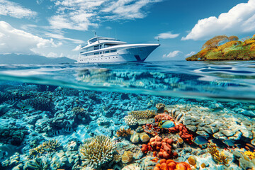 An elegant yacht near a reef, with guests snorkeling in the clear waters to observe marine life,...