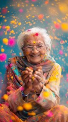 Portrait of a happy senior old lady celebrating Holi festival with bursts and splashes of vibrant, colorful Indian Holi powder. Active retirement.