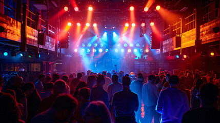 Fototapeta na wymiar An underground music venue alive with vibrant lights energetic crowds and the thrill of live performance.