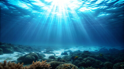 Naklejka na ściany i meble Sunlit Underwater Coral Reef Scene in the Sea