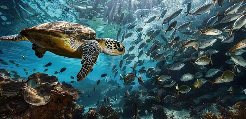 Graceful swimming of a sea turtle among a school of fish in the crystal clear waters of the ocean, illuminated by sunlight penetrating the surface