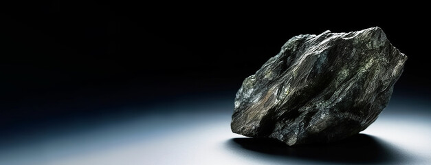 Naklejka premium Berthierite is a rare precious natural stone on a black background. AI generated. Header banner mockup with space.