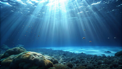 Sunlit Underwater Coral Reef Scene in the Sea - obrazy, fototapety, plakaty