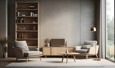 Interior of modern living room with brown armchair and bookshelf