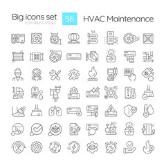 HVAC maintenance linear icons set. Commercial services. Heating and coolin system. Air conditioning. Customizable thin line symbols. Isolated vector outline illustrations. Editable stroke