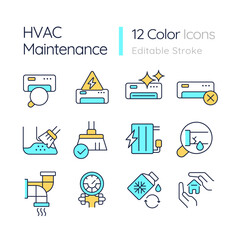 HVAC services RGB color icons set. Heating, ventilation and airc conditioning. Professional maintenance. Isolated vector illustrations. Simple filled line drawings collection. Editable stroke