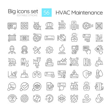 HVAC maintenance linear icons set. Commercial services. Heating and coolin system. Air conditioning. Customizable thin line symbols. Isolated vector outline illustrations. Editable stroke