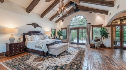 Large master bedroom interiors with vaulted ceiling and hardwood floors.Beautiful living room interior with hardwood floors and fireplace in new luxury home. Includes chandelier, vaulted ceilings, .