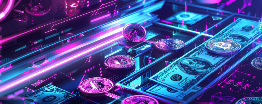 An artwork depicting the clash of digital crypto and physical cash in a retro aesthetic inspired by 1980s video game visuals, infused with a cyberpunk influence and glowing light effects.