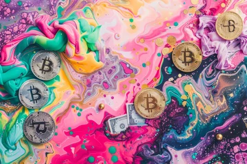 Fotobehang A psychedelic artwork featuring a mixture of abstract shapes, dot matrix patterns, and vibrant watercolor accents, symbolizing the merging of digital currencies and paper money. © mihrzn