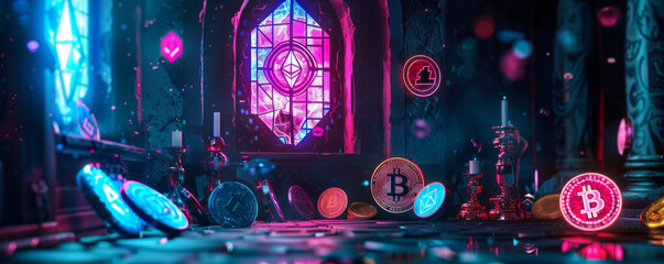 In a surreal fantasy setting, digital currencies duel with conventional money amidst a backdrop featuring a fusion of stained glass and graffiti art within a holographic environment.