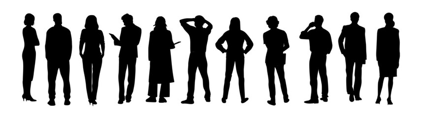 Silhouettes of different People Standing and walking Rear View. Male and Female, couple Characters Back View vector monochrome illustrations, icons Isolated on transparent Background.