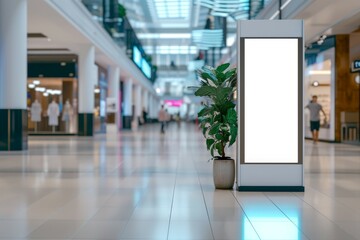 Luminous digital screen panel stand mockup inside a shopping center