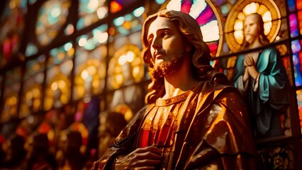 Jesus in church with The Sun's Rays Streaming Through Stained Glass Windows of The Cathedral, Blessing The Church With A Heavenly Light that Enters House Of The Lord. A Reminder Of God's Love 4k
