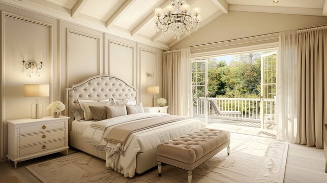 Luxury bedroom interior in soft beige color with beautiful bed, wardrobe. Room with high vaulted ceiling and walkout deck,Luxury bedroom with carved wood bed, nightstand, ottoman and decorative lanter