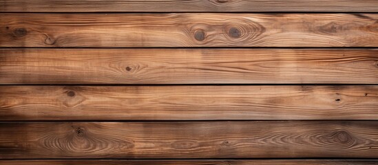 Naklejka premium A detailed shot of a brown wooden wall with a blurred background, showcasing the intricate pattern of hardwood planks treated with wood stain