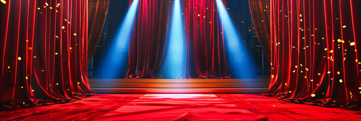 Elegant Stage Presence: A Red Velvet Curtain on a Dramatic Theater Stage, Ready for a Captivating Performance - obrazy, fototapety, plakaty