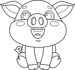 Outlined Cute Baby Pig Cartoon Character. Vector Hand Drawn Illustration Isolated On Transparent Background