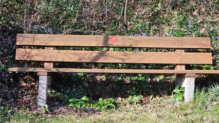 A wooden bench is sitting in a wooded area