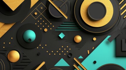 3D abstract black, gold and teal colored geometric shapes. Memphis inspired. Eps10 vector