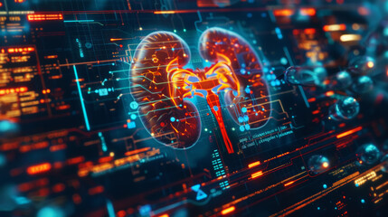 Dark 3d futuristic model of human kidneys, nephrology healthcare concept. Scientific researches and data. Generative AI