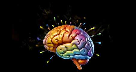 A multicolored brain emitting colorful sparks against a black background.
