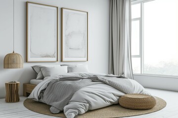 Mockup of two blank poster frames in a grey minimalist scandinavian style bedroom