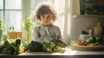 Little boy refuses to eat vegetables Little boy who is dissatisfied with giving healthy vegetables to children - obrazy, fototapety, plakaty