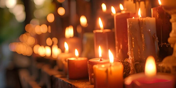 Multiple lit candles in various stages of melting, with focus on the flame of the nearest candle and a bokeh effect in the background.