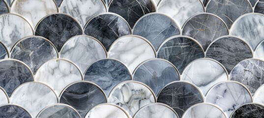 Close up of white marble mosaic tile pattern with arched shapes. Abstract background, texture and wallpaper for interior design in bathroom or kitchen - obrazy, fototapety, plakaty
