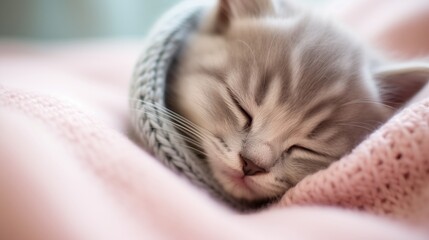 A close-up of a sleepy grey kitten with a dainty pink nose curled up on a soft white blanket, radiating pure charm. - obrazy, fototapety, plakaty