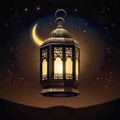 Ramadan Kareem lantern with the moon in the background