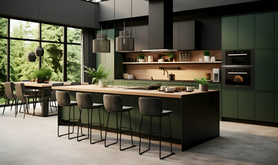 Dark green kitchen interior with wooden floor and wooden countertops. 3d rendering