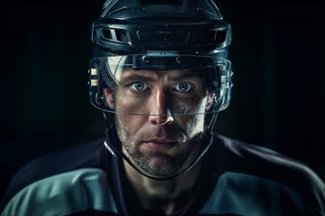 Intense ice hockey player portrait, focus through the visor