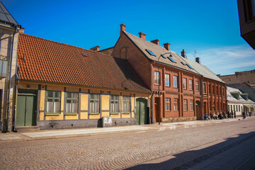 Building facades in the old town of Lund, Scandinavian architecture. Old buildings near the campus...
