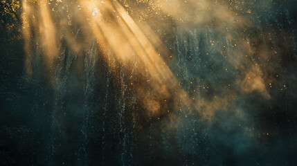 A backlit waterfall with sunlight streaming through the mist creating a luminous effect.