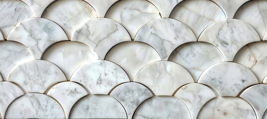 Close up of white marble mosaic tile pattern with arched shapes. Abstract background, texture and wallpaper for interior design in bathroom or kitchen - obrazy, fototapety, plakaty
